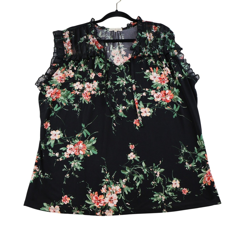 Joie de Vivre Womens 2X Blouse Black Floral Ruffle Tie Neck Mesh 1211MP04A131V